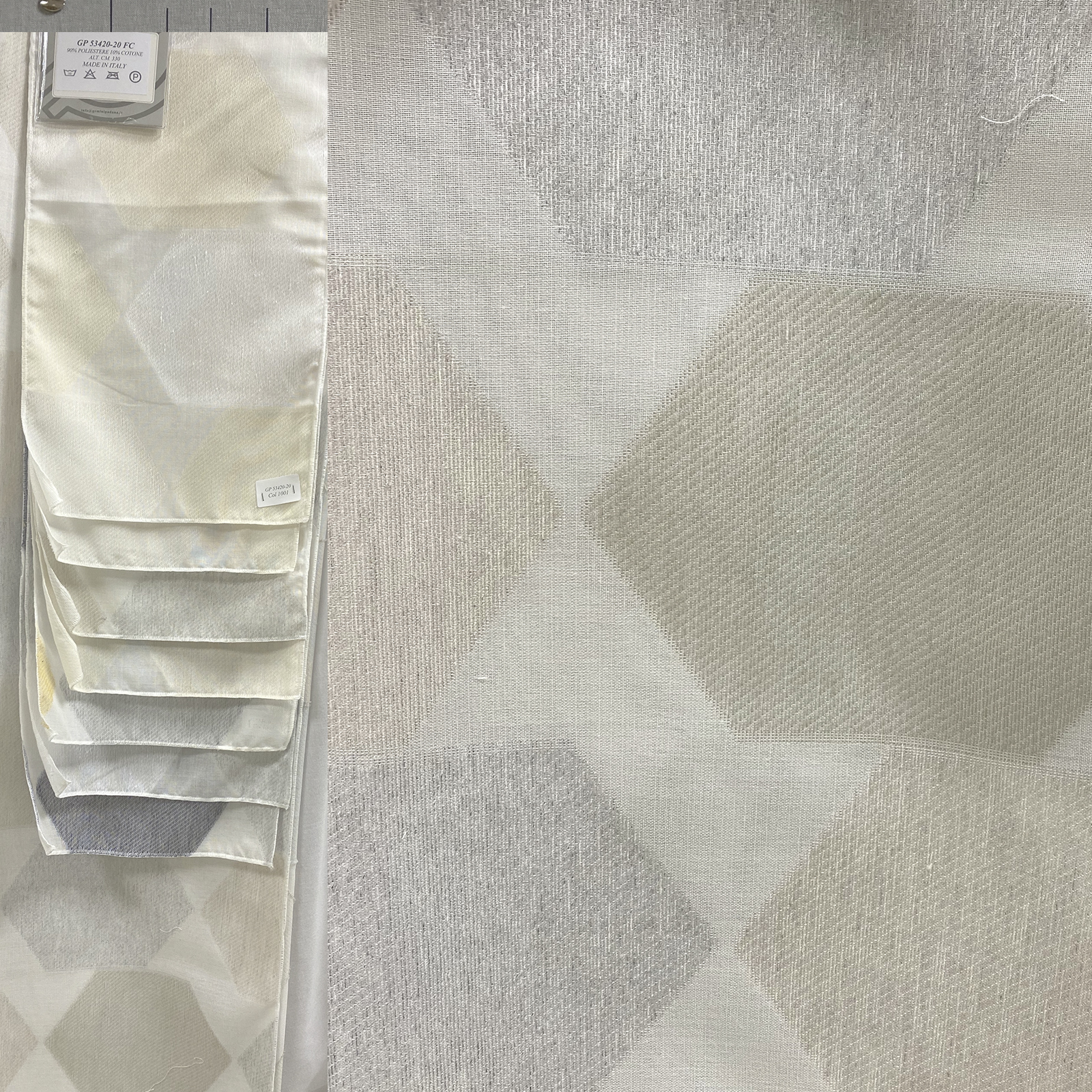 Semi-filtering curtain fabric with hexagonal geometric design<br /> 100% Made in Italy fabric. Style modern and trendy with plain color decorations.

 Treatments: soft standard and standard. Type of workings: fil coupé. 