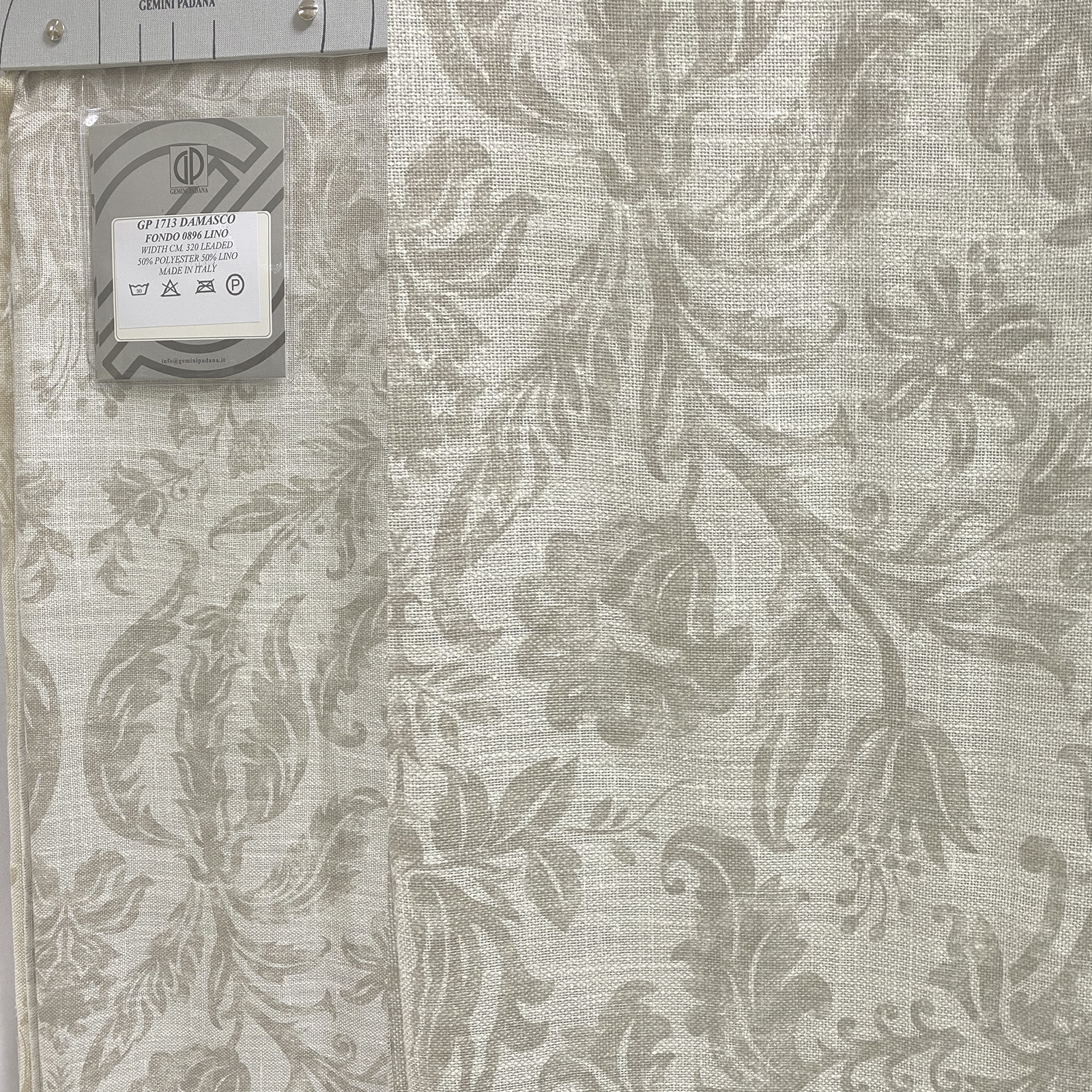 Covering drapery fabric with classic damask printed design<br /> 100% Made in Italy fabric. Style classic, rustic and trendy with big drawings and Tone on tone decorations.

 Treatments: standard. Type of workings: pigment print. 