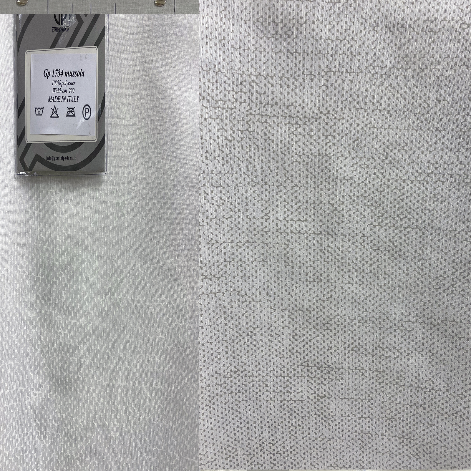 Filtering curtain fabric, modern design with full height pixel effect<br /> 100% Made in Italy fabric. Style modern and trendy with fancy and small drawings decorations.

 Treatments: standard. Type of workings: muslin and pigment print. 
