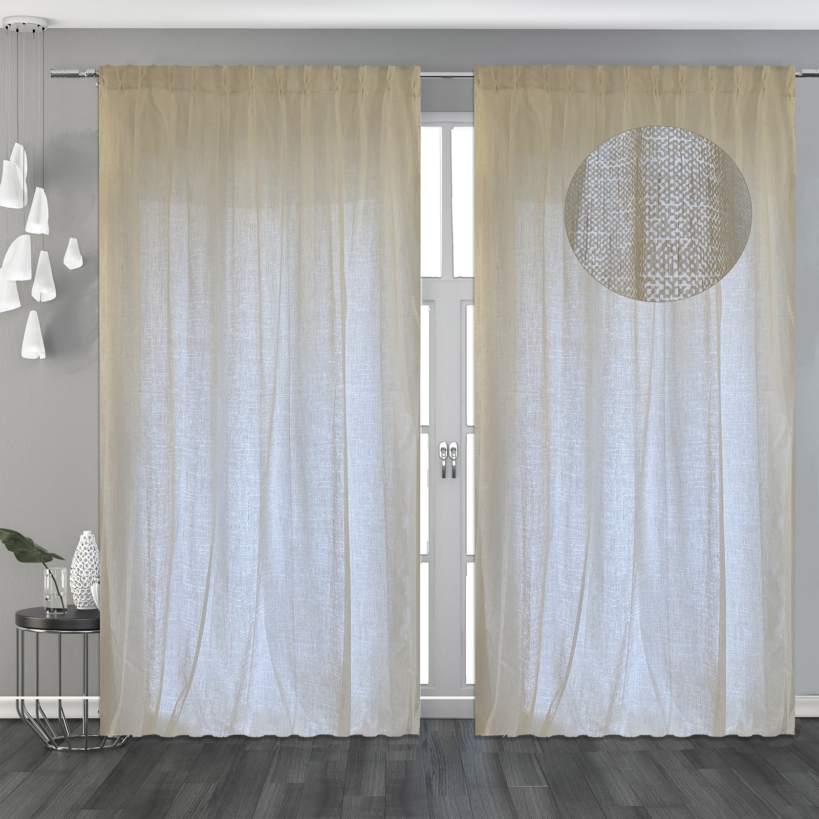 CURTAIN PACKAGED WITH DEVORÉ PRINT THAT CREATES MOVEMENT AND GAMES OF LIGHT THAT CREATE A BRIGHT AND EASY TO LIVE ENVIRONMENT, EQUIPPED WITH FIXED FOLDS WITH ADJUSTABLE HOOKS IN HEIGHT THAT CAN BE INSTALLED ON RAILS AND STICKS WITH RINGS<br /> 100% Made in Italy fabric. Style modern with fancy decorations.

 Treatments: antibacterial and soft hand. Type of workings: Devore. 
