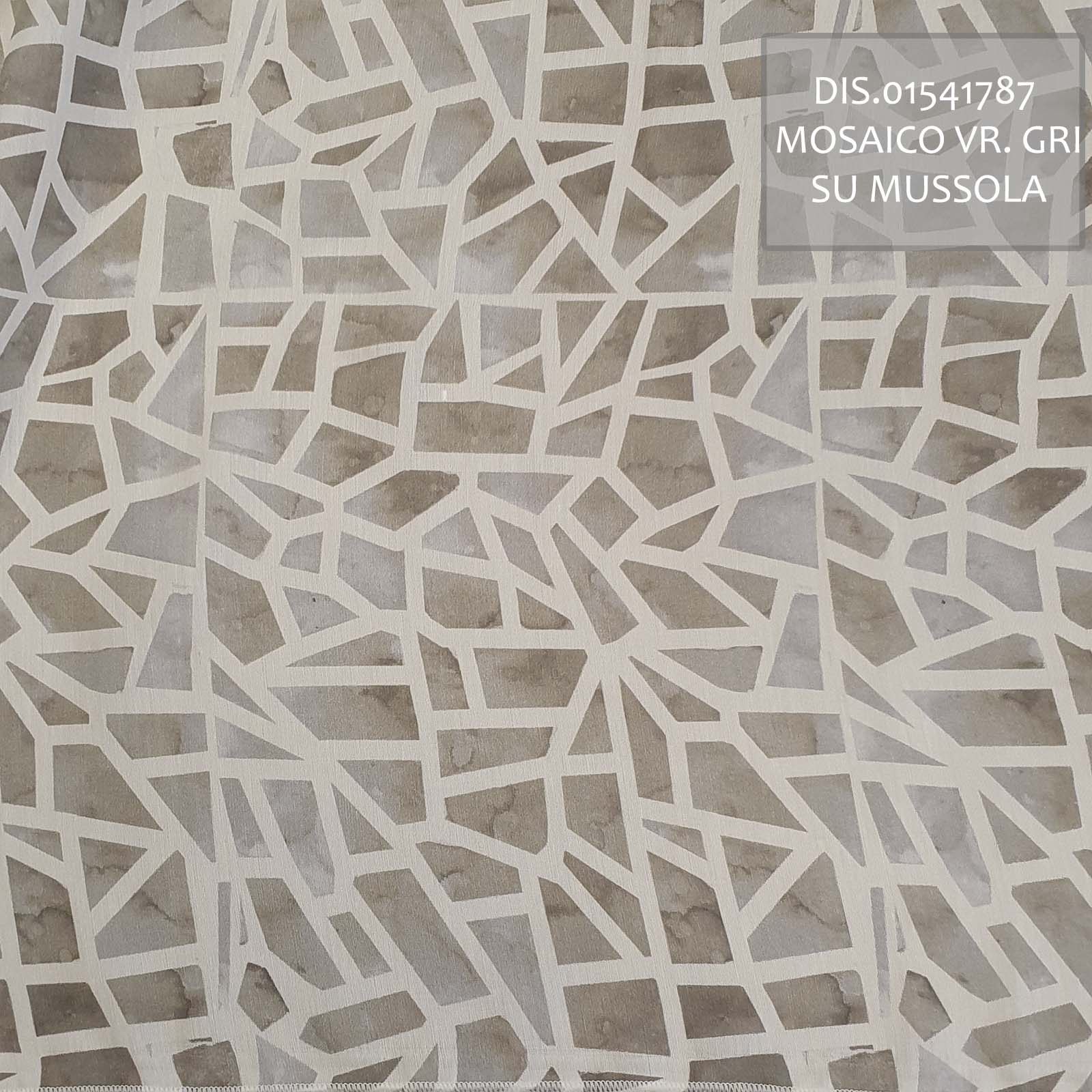 Tessuto stampato con coloranti a pigmenti, stile geometrico mosaico su tessuto mussola<br /> Tessuto 100% Made in Italy. Stile moderno con decori fantasia. Trattamenti: morbido standard. Tipo lavorazioni: mussola. 