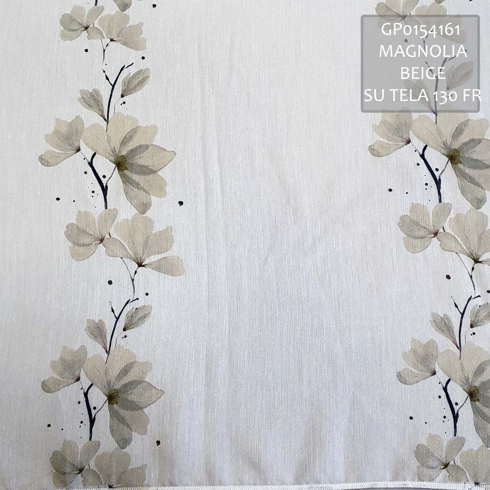 Tessuto stampato con coloranti a pigmenti, stile magnolia su tessuto tela130 fr<br /> Tessuto 100% Made in Italy. Stile classico con decori floreale. Trattamenti: morbido standard. Tipo lavorazioni: stampa a pigmento e stampa digitale. 