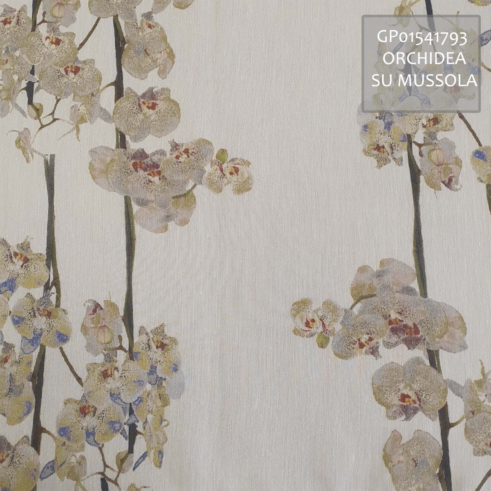 Tessuto stampato con coloranti a pigmenti, stile foglie di orchidea su tessuto mussola<br /> Tessuto 100% Made in Italy. Stile classico con decori floreale. Trattamenti: morbido standard. Tipo lavorazioni: mussola. 
